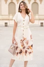 Rochie midi din in alba cu imprimeuri florale maro la baza si cordon in talie, 1, dyfashion.ro