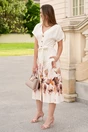 Rochie midi din in alba cu imprimeuri florale maro la baza si cordon in talie, 2, dyfashion.ro