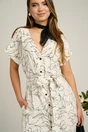 Rochie midi din in alba cu imprimeuri negre si cordon in talie