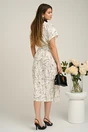 Rochie midi din in alba cu imprimeuri negre si cordon in talie