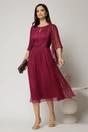 Rochie midi din matase naturala magenta cu maneci evazate si talia impletita, 3, dyfashion.ro