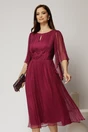 Rochie midi din matase naturala magenta cu maneci evazate si talia impletita, 1, dyfashion.ro