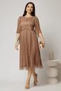 Rochie midi din matase naturala maro cu maneci evazate si talia impletita, 3, dyfashion.ro
