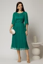 Rochie midi din matase naturala verde cu maneci evazate si talia impletita, 3, dyfashion.ro