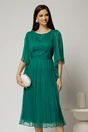 Rochie midi din matase naturala verde cu maneci evazate si talia impletita, 1, dyfashion.ro