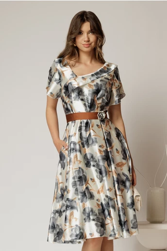 Rochie midi din satin cu imprimeuri gri si maro