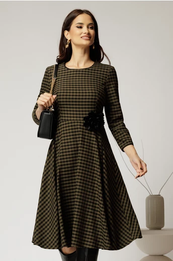 Rochie midi din stofa carou kaki si finisaje negre