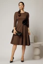 Rochie midi din stofa carou maro si finisaje negre, 3, dyfashion.ro