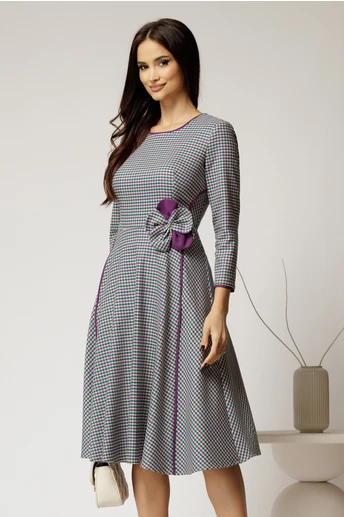 Rochie midi din stofa carou verde si finisaje mov