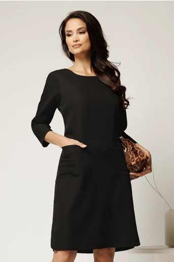 Rochie midi din stofa neagra cu buzunare si nasturi decorativi