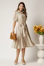 Rochie midi din viscoza bej cu dungi si cordon in talie tip camasa, 3, dyfashion.ro
