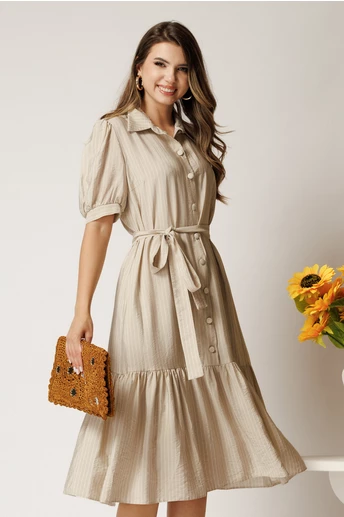 Rochie midi din viscoza bej cu dungi si cordon in talie tip camasa