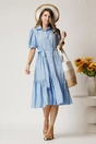 Rochie midi din viscoza bleu cu dungi si cordon in talie tip camasa, 3, dyfashion.ro