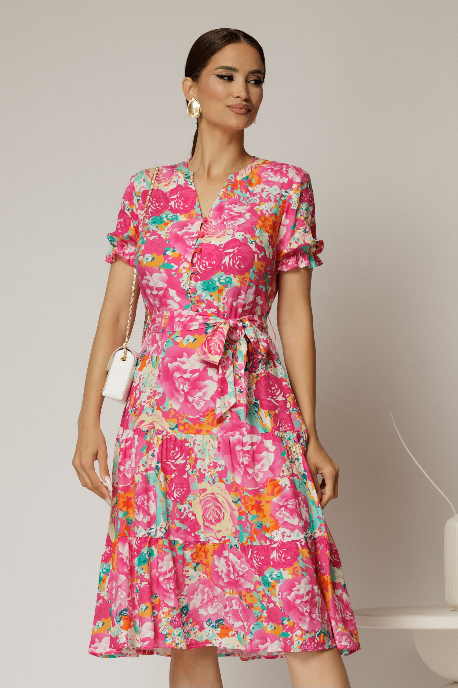 Rochie midi din viscoza cu imprimeu floral fucsia