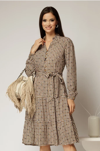 Rochie midi din viscoza maro cu imprimeu bej