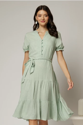 Rochie midi din viscoza verde fistic cu imprimeu alb