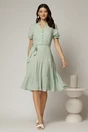 Rochie midi din viscoza verde fistic cu imprimeu alb, 3, dyfashion.ro