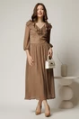 Rochie midi din voal bej cu buline si volanase la decolteu, 1, dyfashion.ro