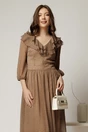 Rochie midi din voal bej cu buline si volanase la decolteu, 3, dyfashion.ro