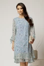 Rochie midi din voal bleu cu floricele si maneci trei sferturi, 1, dyfashion.ro