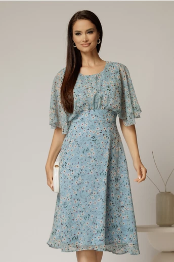 Rochie midi din voal bleu cu imprimeuri cu maneci scurte lejere