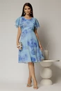 Rochie midi din voal bleu cu imprimeuri si volanase la maneci, 3, dyfashion.ro