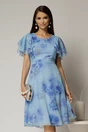 Rochie midi din voal bleu cu imprimeuri si volanase la maneci, 1, dyfashion.ro