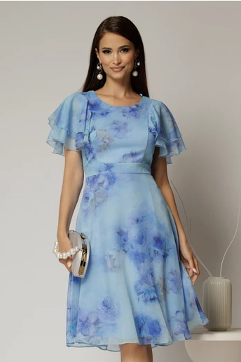 Rochie midi din voal bleu cu imprimeuri si volanase la maneci