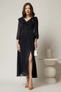 Rochie midi din voal bleumarin cu buline si volanase la decolteu, 1, dyfashion.ro