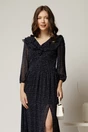 Rochie midi din voal bleumarin cu buline si volanase la decolteu, 3, dyfashion.ro