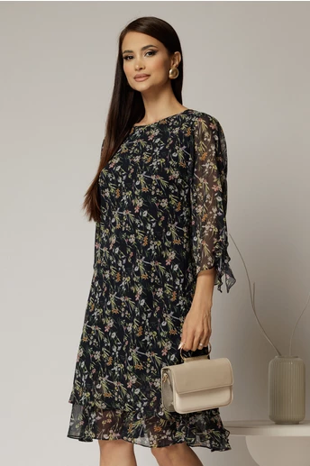 Rochie midi din voal bleumarin cu floricele si maneci trei sferturi
