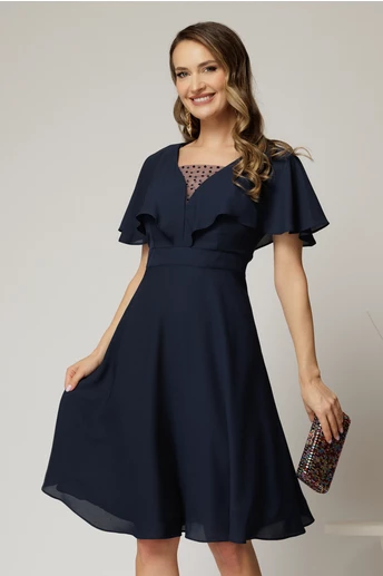 Rochie midi din voal bleumarin cu maneci evazate si decolteu adanc