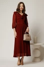 Rochie midi din voal bordo cu buline si volanase la decolteu, 1, dyfashion.ro