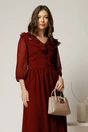 Rochie midi din voal bordo cu buline si volanase la decolteu, 3, dyfashion.ro