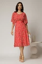 Rochie midi din voal corai cu imprimeuri cu maneci scurte lejere, 3, dyfashion.ro
