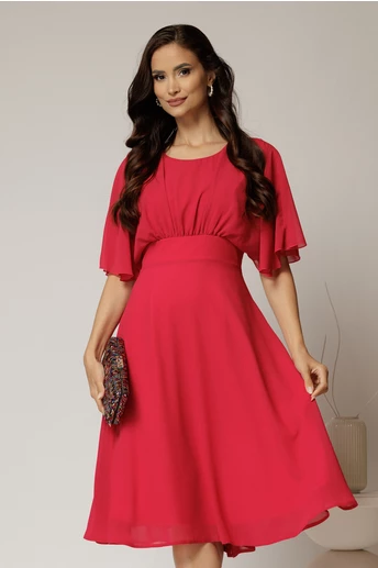 Rochie midi din voal fucsia cu maneci scurte lejere