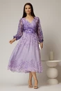 Rochie midi din voal lila cu imprimeuri mov si decolteu petrecut, 3, dyfashion.ro