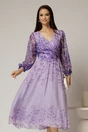 Rochie midi din voal lila cu imprimeuri mov si decolteu petrecut, 1, dyfashion.ro