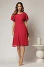 Rochie midi din voal rosu zmeura si volanase la maneci, 3, dyfashion.ro