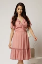 Rochie midi din voal roz cu decolteu petrecut cu volanase si maneci scurte, 1, dyfashion.ro