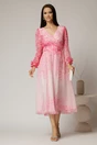Rochie midi din voal roz cu imprimeuri fucsia si decolteu petrecut, 3, dyfashion.ro