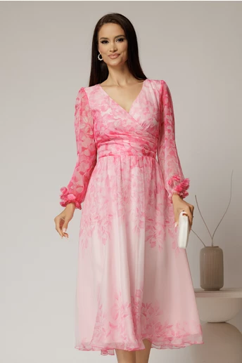 Rochie midi din voal roz cu imprimeuri fucsia si decolteu petrecut