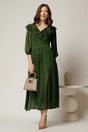 Rochie midi din voal verde cu buline si volanase la decolteu, 3, dyfashion.ro