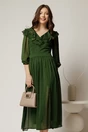 Rochie midi din voal verde cu buline si volanase la decolteu, 1, dyfashion.ro