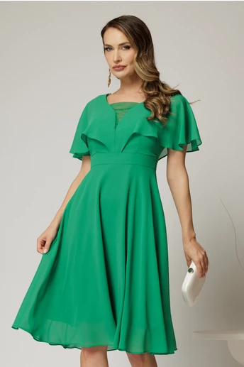 Rochie midi din voal verde cu maneci evazate si decolteu adanc