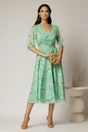 Rochie midi din voal verde menta cu imprimeu galben, 3, dyfashion.ro