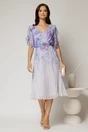 Rochie midi eleganta cu imprimeuri lila cu fusta clos plisata, 3, dyfashion.ro
