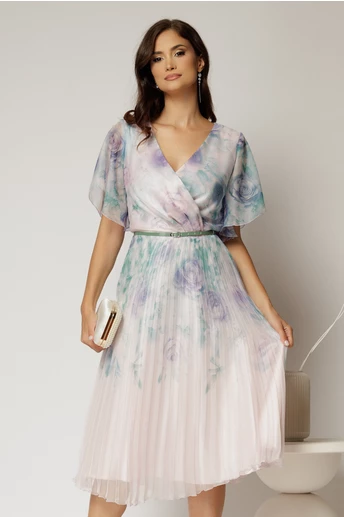 Rochie midi eleganta cu imprimeuri vernil cu fusta clos plisata