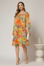 Rochie midi eleganta din voalcu imprimeuri oranj, croi lejer si volanase la baza, 3, dyfashion.ro
