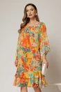 Rochie midi eleganta din voalcu imprimeuri oranj, croi lejer si volanase la baza, 1, dyfashion.ro